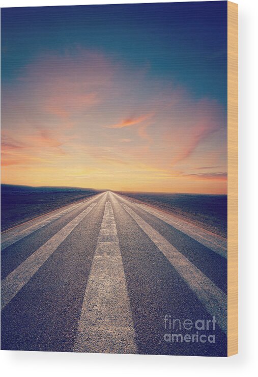 Road Wood Print featuring the photograph Lonely Road at Sunset by Colin and Linda McKie