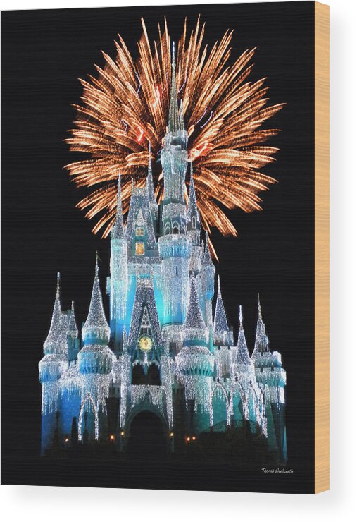 Castle Wood Print featuring the photograph Magic Kingdom Castle In Frosty Light Blue with Fireworks 02 by Thomas Woolworth