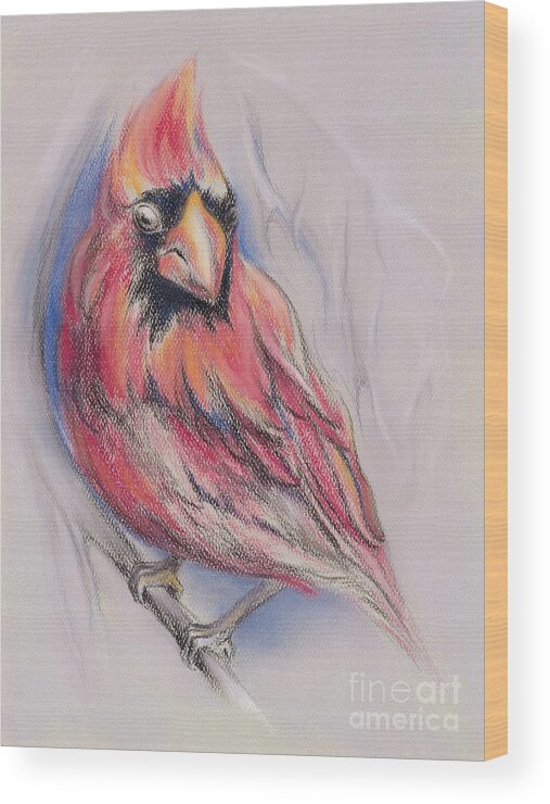 Bird Wood Print featuring the pastel Male Cardinal in Winter by MM Anderson