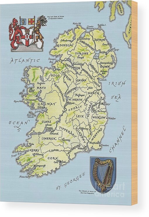 Coat Of Arms; Irish Wood Print featuring the painting Map of Ireland by English School