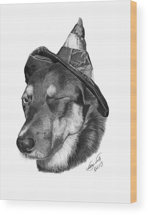 German Shepherd Wood Print featuring the drawing Marlee in Witch's Hat -021 by Abbey Noelle