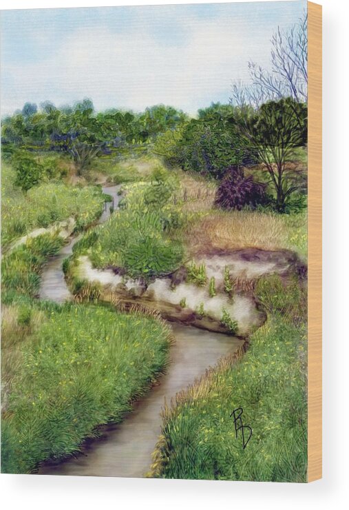 Watercolor Wood Print featuring the digital art Meandering Creek by Ric Darrell