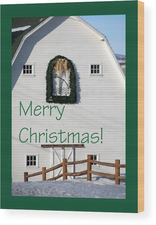 Celebrate Wood Print featuring the photograph Merry Christmas Barn Green Border 1186 by Jerry Sodorff