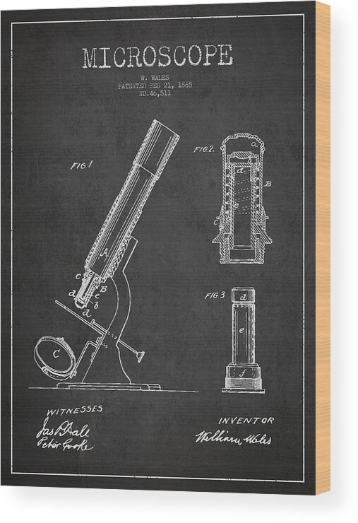 Microscope Wood Print featuring the digital art Microscope Patent Drawing From 1865 - Dark by Aged Pixel