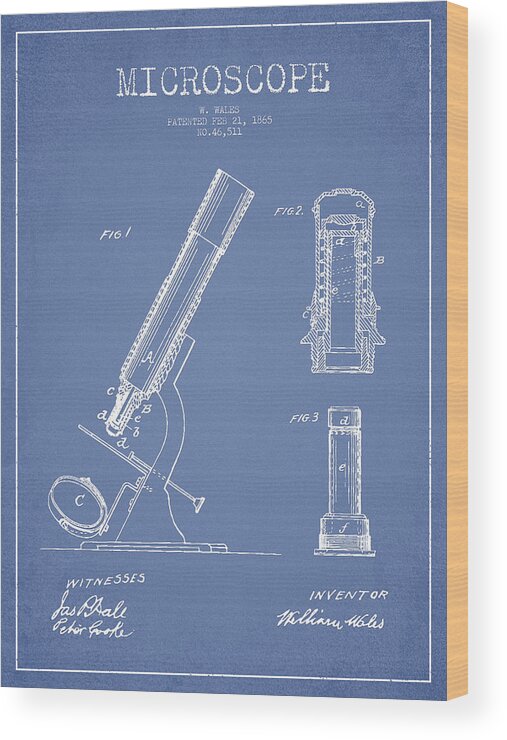 Microscope Wood Print featuring the digital art Microscope Patent Drawing From 1865 - Light Blue by Aged Pixel