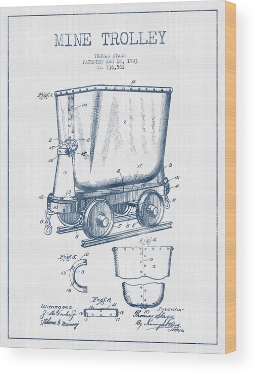 Mine Trolley Wood Print featuring the digital art Mine Trolley Patent Drawing From 1903- Blue Ink by Aged Pixel