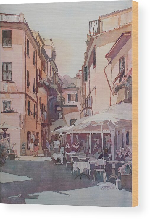 Montorosso Wood Print featuring the painting Monterosso Cafe by Jenny Armitage