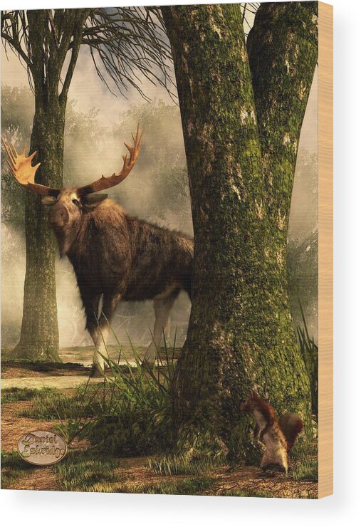 Moose Wood Print featuring the digital art Moose and Squirrel by Daniel Eskridge
