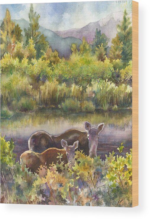 Moose And Calf Painting Wood Print featuring the painting Moose Magic by Anne Gifford