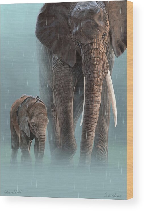 Elephant Wood Print featuring the digital art Mother and Child by Aaron Blaise