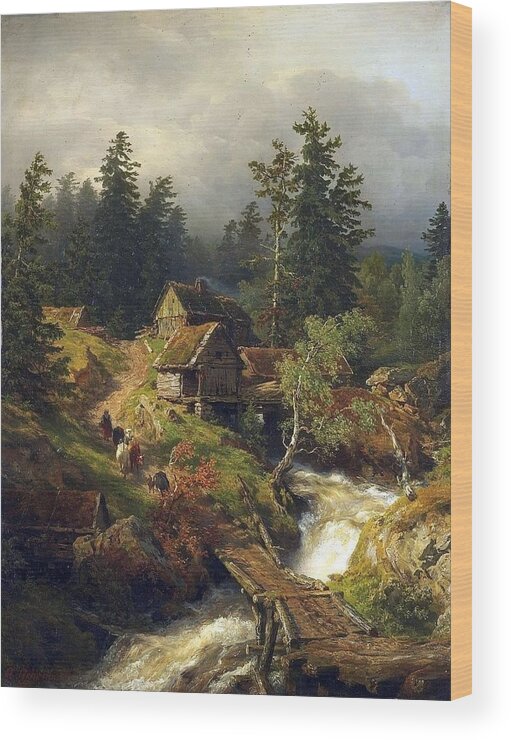 Andreas Achenbach Wood Print featuring the painting Mountain Landscape with Torrent and Water-mill by MotionAge Designs