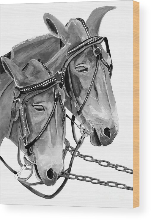 Mules Wood Print featuring the painting Mules - Beast of Burden - B and W by Jan Dappen