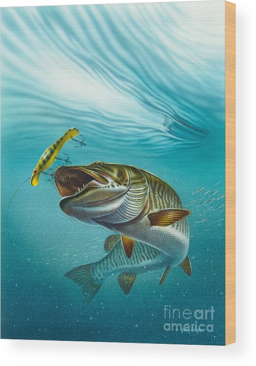 Jon Q Wright Wood Print featuring the painting Muskie Troll by JQ Licensing