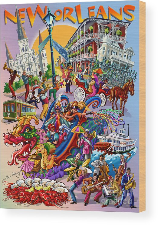 New Orleans Wood Print featuring the digital art New Orleans in color by Maria Rabinky
