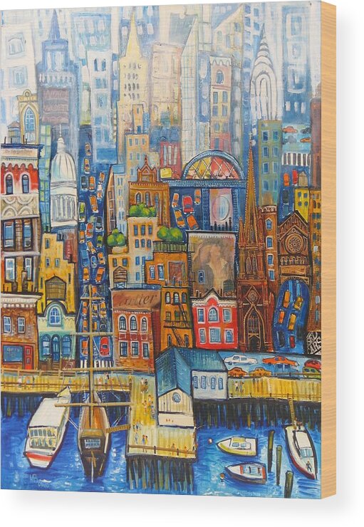 Usa Wood Print featuring the painting New York Downtown by Mikhail Zarovny