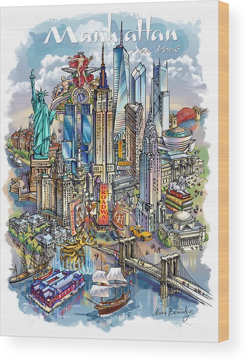 New York City Wood Print featuring the painting New York Theme 1 by Maria Rabinky