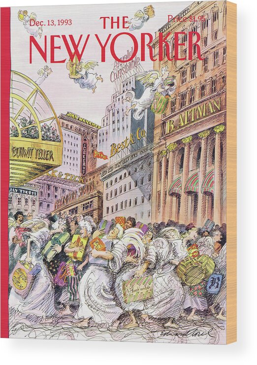 Even The Late Shop Early Wood Print featuring the painting New Yorker December 13th, 1993 by Edward Sorel
