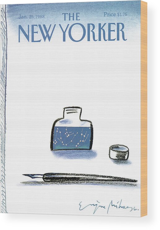 Pen Wood Print featuring the painting New Yorker January 25th, 1988 by Eugene Mihaesco