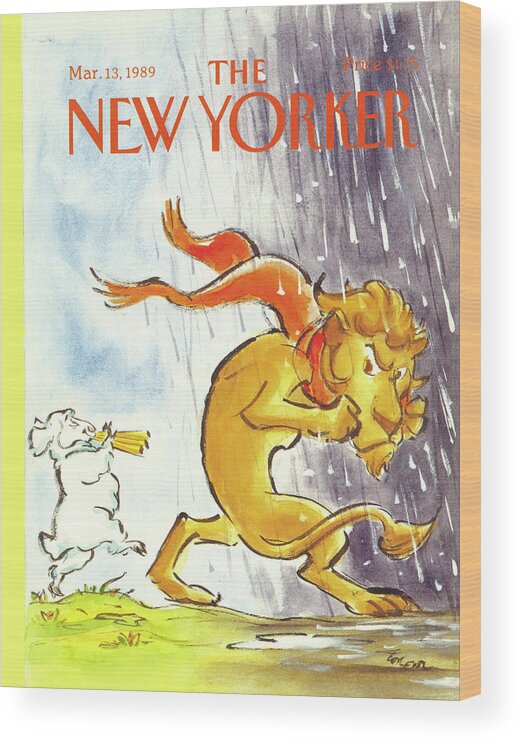 (a Flute Playing Lamb Marches An Angry Lion Out Of The Sun And Into The Rain. Refers To The Saying About The Month Of March.) Animals Wood Print featuring the painting New Yorker March 13th, 1989 by Lee Lorenz