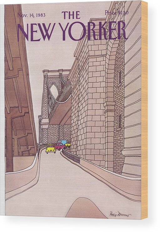 (cars And Taxis Motoring Up The Ramp To The Brooklyn Bridge.) New York City Urban Technology Architecture Automobiles Driving Travel Transportation Roxie Munro Rmu Artkey 47424 Wood Print featuring the painting New Yorker November 14th, 1983 by Roxie Munro
