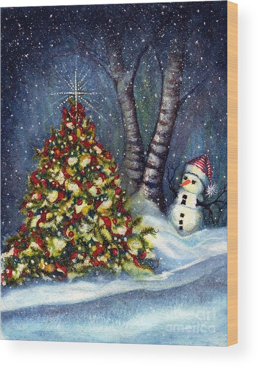 Snowman Wood Print featuring the painting Oh my. A Christmas tree by Janine Riley