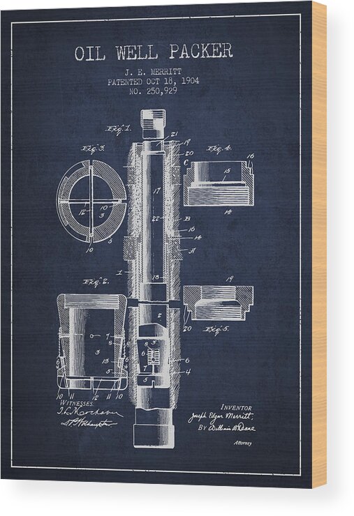 Oil Well Packer Wood Print featuring the drawing Oil Well Packer patent from 1904 - Navy Blue by Aged Pixel