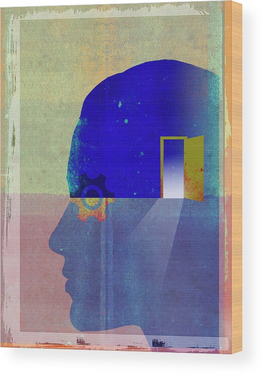 Adult Wood Print featuring the photograph Open Door And Cog Inside Of Mans Head by Ikon Ikon Images