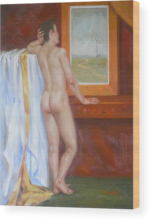 Original Gay Art Wood Print featuring the painting Original Oil Painting Male Nude Man Body Art Young Boy On Canvas#16-2-6-09 by Hongtao Huang
