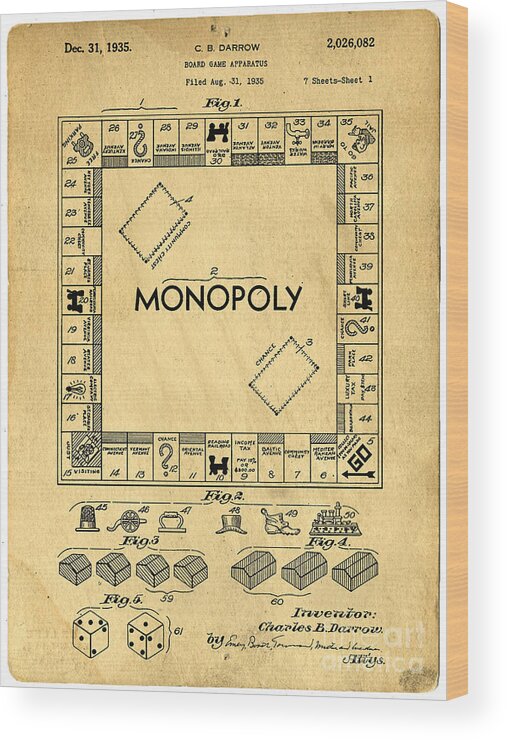 Monopoly Wood Print featuring the digital art Original Patent for Monopoly Board Game by Edward Fielding