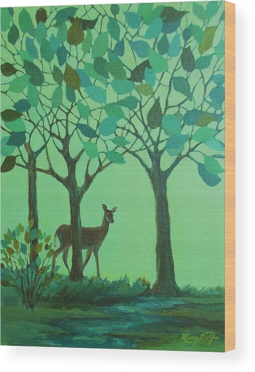 Landscape Wood Print featuring the painting Out of the Forest by Mary Wolf
