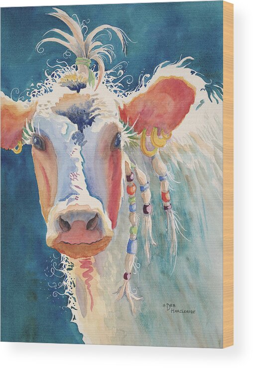 Cows Wood Print featuring the painting Party Gal - Cow by Deb Harclerode