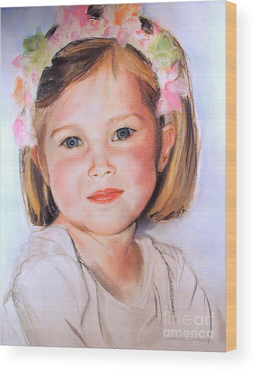 Pastel Portrait Of Young Girl Wood Print featuring the painting Pastel portrait of girl with flowers in her hair by Greta Corens