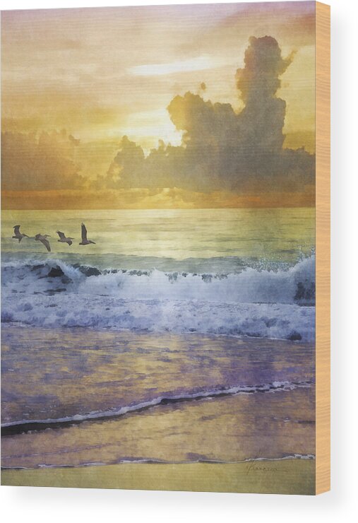 Sunrise Wood Print featuring the digital art Pelican Sunrise by Frances Miller