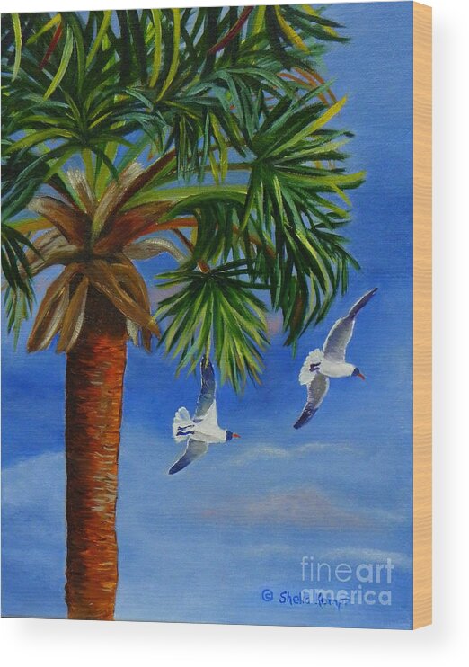 Canvas Prints Wood Print featuring the painting Perfect Flight Palm Tree and Seagulls by Shelia Kempf