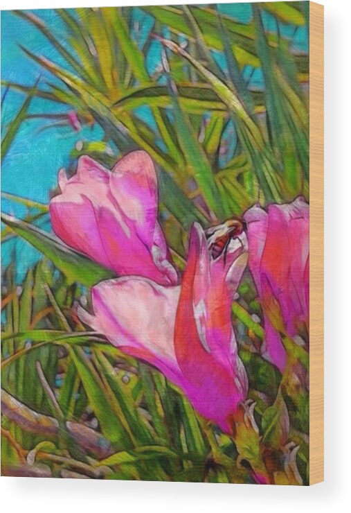 Sharkcrossing Wood Print featuring the digital art V Pink Tropical Flower with Honeybee - Vertical by Lyn Voytershark