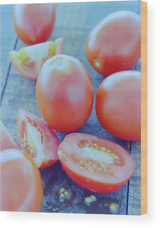 Fruits Wood Print featuring the photograph Plum Tomatoes On A Wooden Board by Romulo Yanes