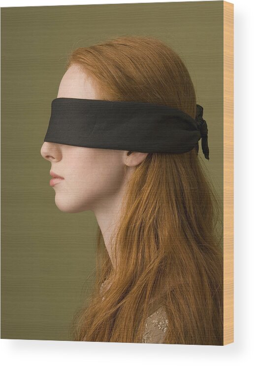 Casual Clothing Wood Print featuring the photograph Profile of young woman with blindfold, head and shoulders by PM Images