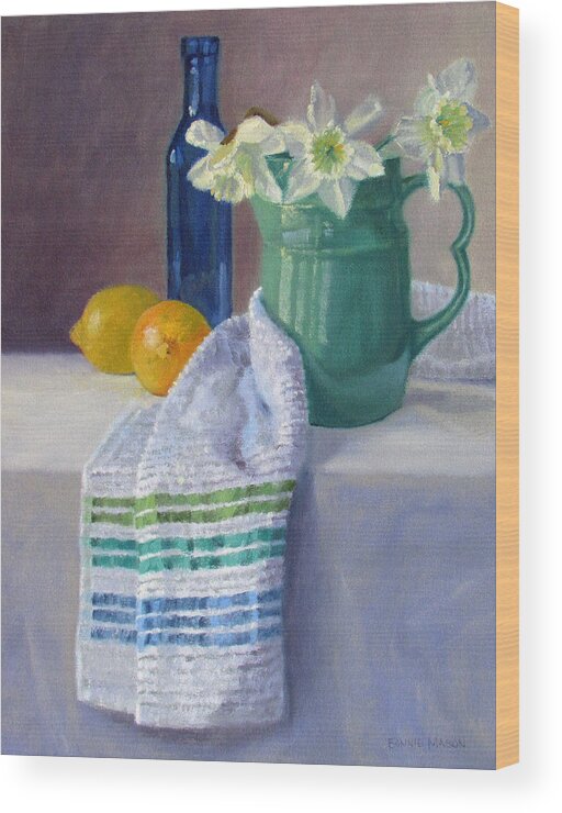 Juicy Lemons Wood Print featuring the painting Quiet Moment- Daffodils in a Blue Green Pitcher with Lemons by Bonnie Mason