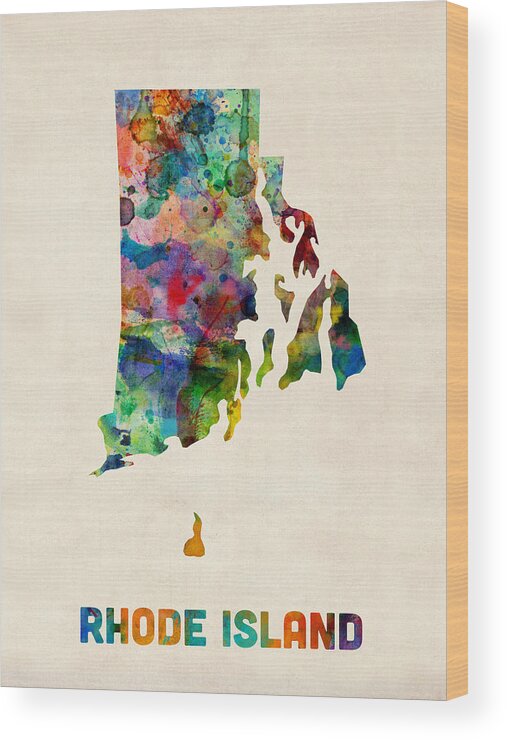 United States Map Wood Print featuring the digital art Rhode Island Watercolor Map by Michael Tompsett