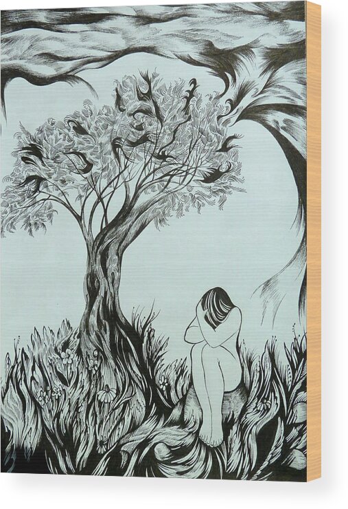 Pen And Ink Wood Print featuring the drawing Sadness by Anna Duyunova