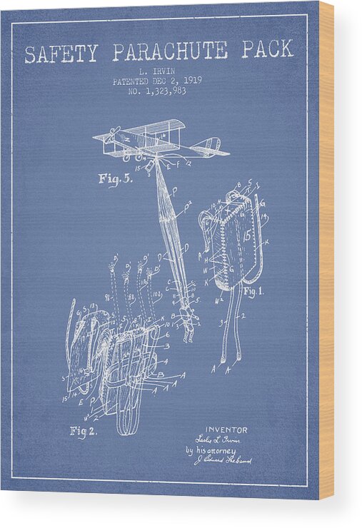 Parachute Wood Print featuring the digital art Safety parachute patent from 1919 - Light Blue by Aged Pixel