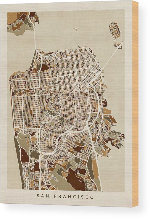 San Francisco Wood Print featuring the digital art San Francisco City Street Map by Michael Tompsett