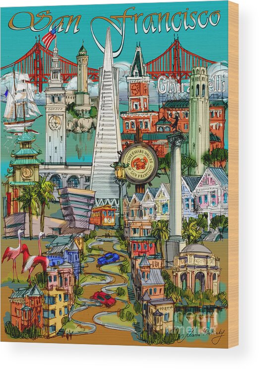 San Francisco Wood Print featuring the painting San Francisco illustration by Maria Rabinky