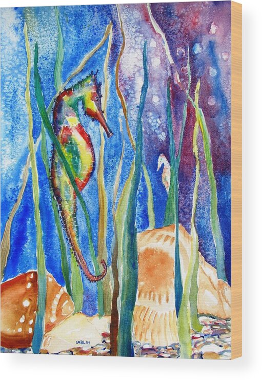 Seahorse Wood Print featuring the painting Seahorse and Shells by Carlin Blahnik CarlinArtWatercolor