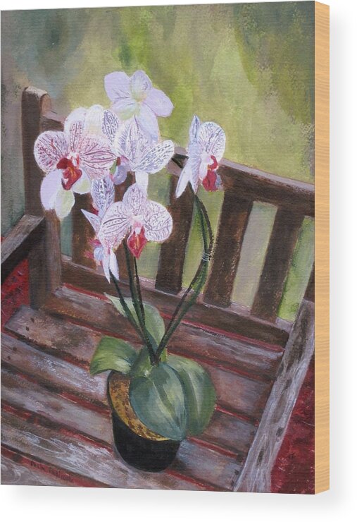 Orchid On Wooden Chair Outside Wood Print featuring the painting Simply elegant by Paula Pagliughi