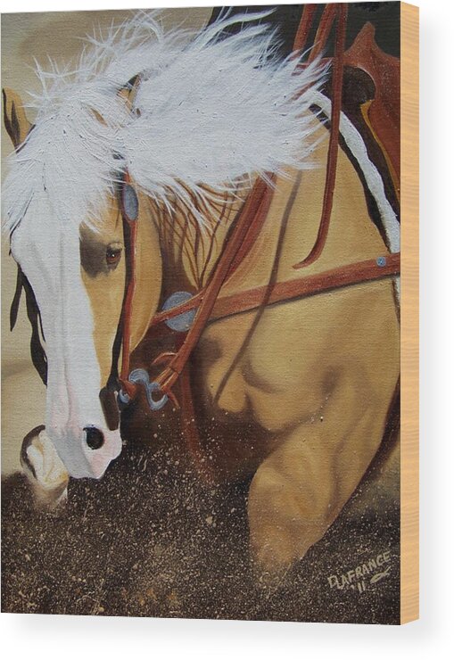 Western Wood Print featuring the painting Sliding Stop by Debbie LaFrance