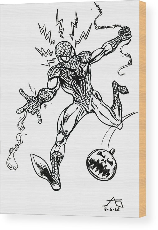 Spider-man Wood Print featuring the drawing Spidey Dodges a Pumpkin Bomb by John Ashton Golden