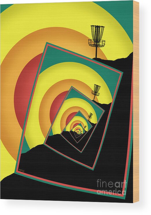 Disc Golf Wood Print featuring the digital art Spinning Disc Golf Baskets 3 by Phil Perkins