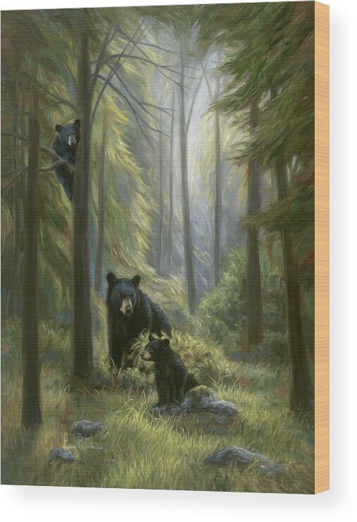 Bear Wood Print featuring the painting Spirits of the Forest by Lucie Bilodeau