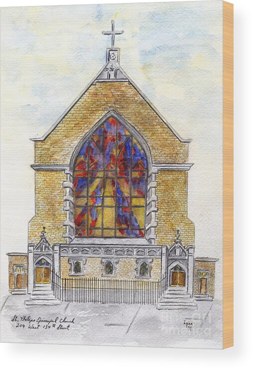 St. Phillip's Church Of Harlem Wood Print featuring the painting St. Phillip's church of Harlem by AFineLyne